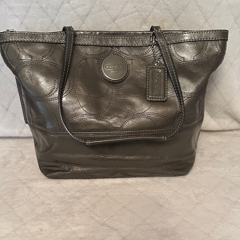 Coach Metallic Olive Green Leather Tote